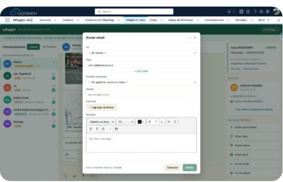 Ventana de envío de correo desde Whapin, con plantilla de email