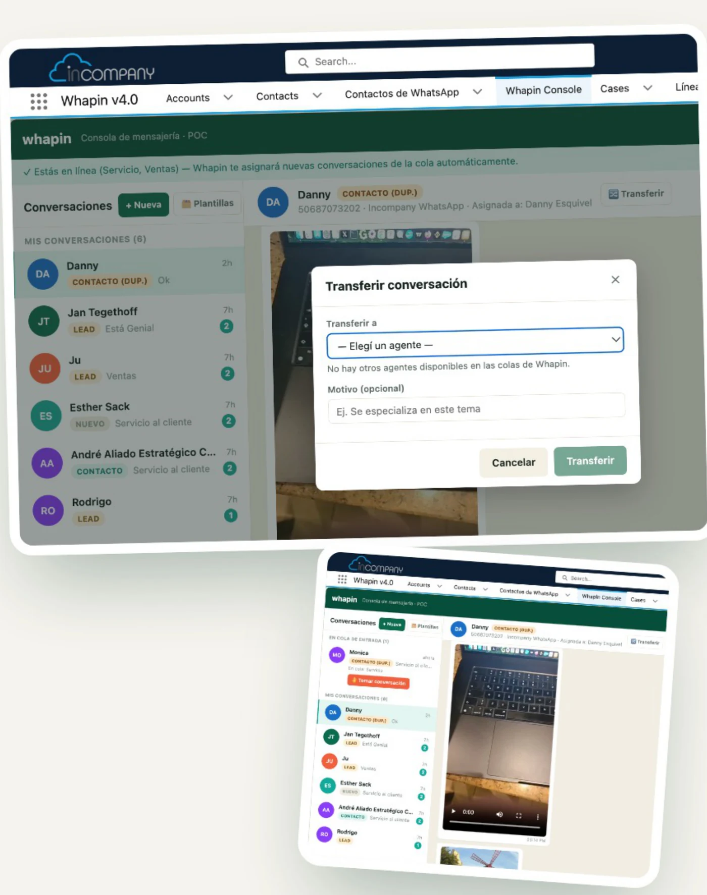 Modal de transferencia de conversación a otro agente en Whapin