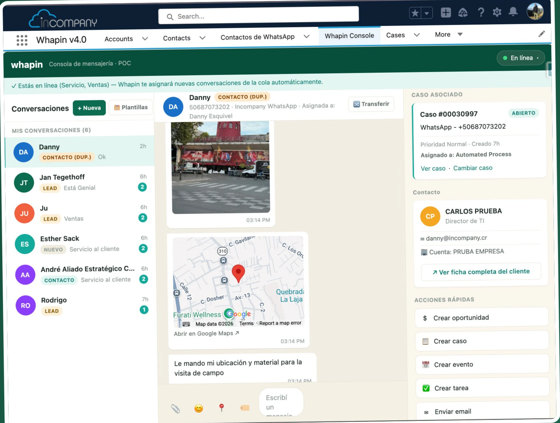 Consola de Whapin dentro de Salesforce, mostrando el caso, el contacto y las acciones rápidas junto a la conversación