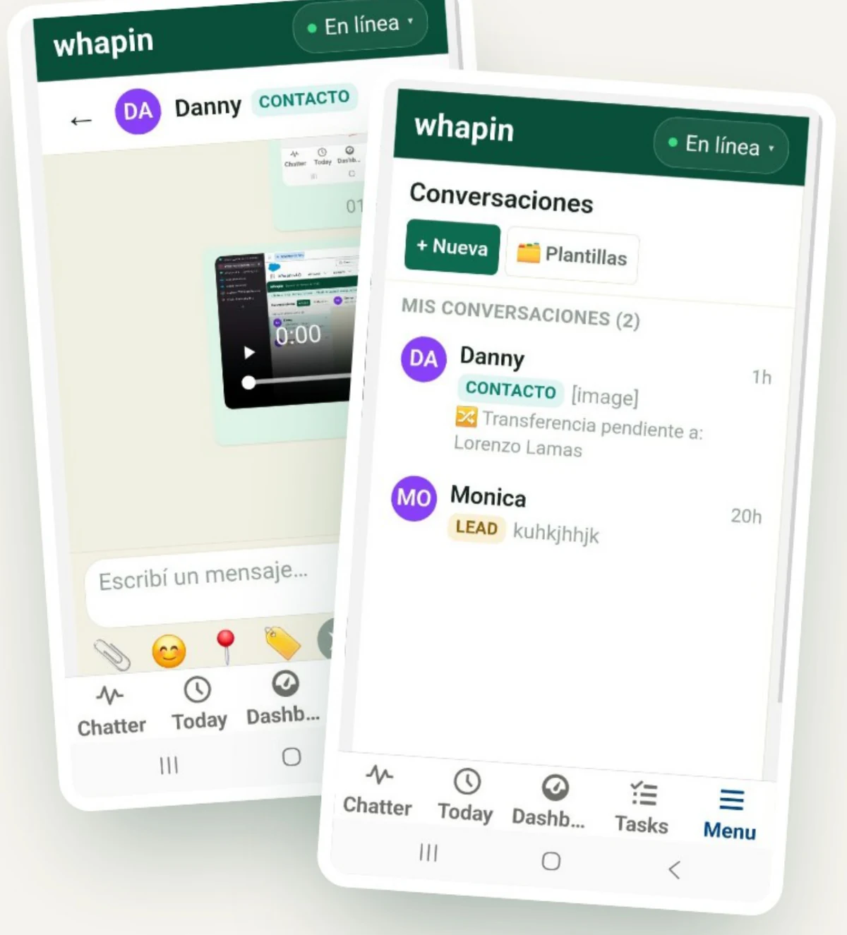 Bandeja de conversaciones y chat de Whapin en la app móvil de Salesforce