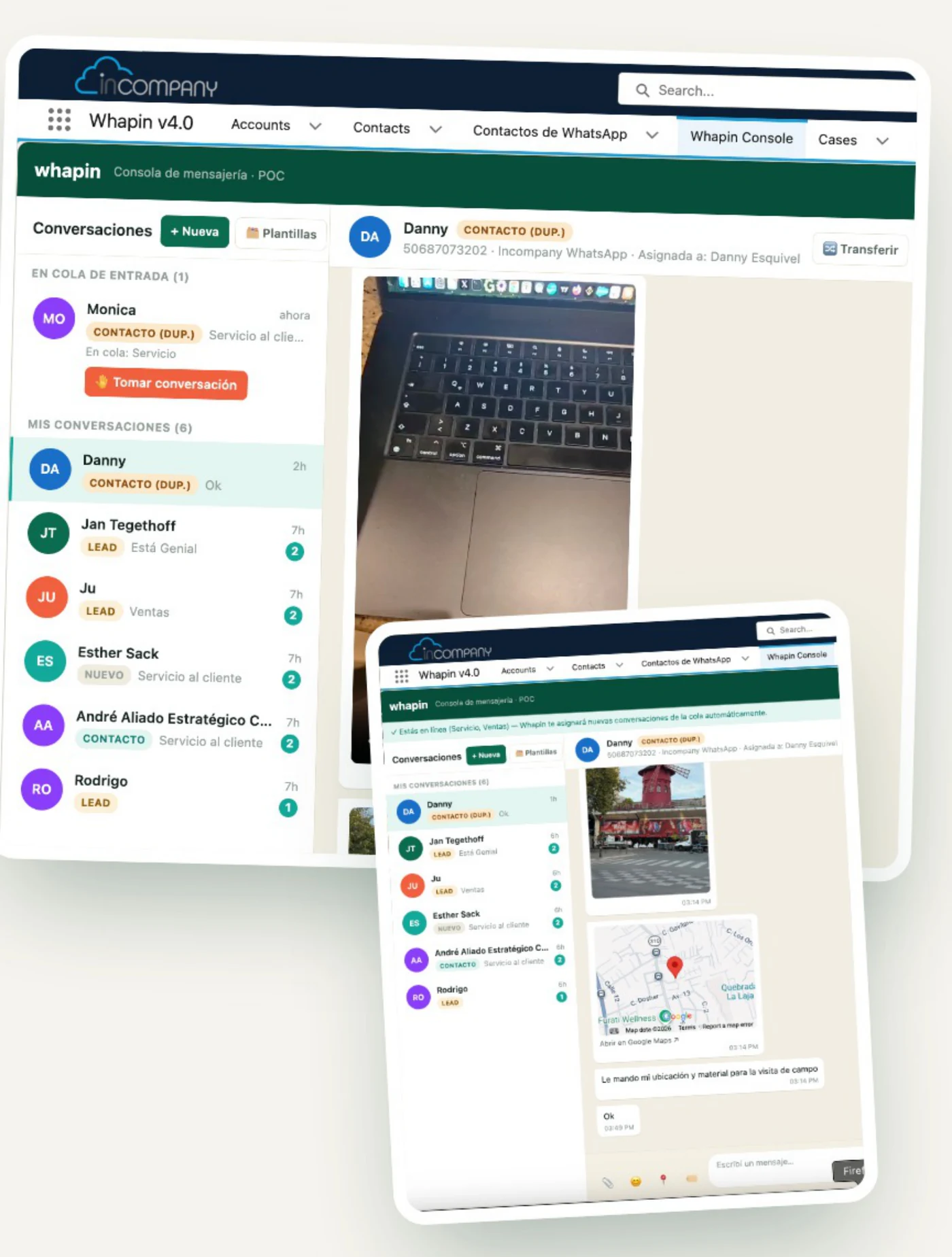 Conversación de WhatsApp dentro de Whapin, con una foto y una ubicación compartida